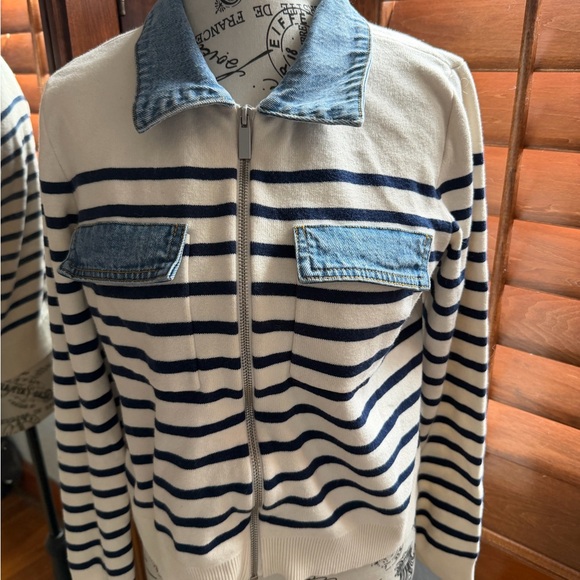 NWOT LOFT Blue and White Denim-Trim Cardigan - Picture 7 of 13